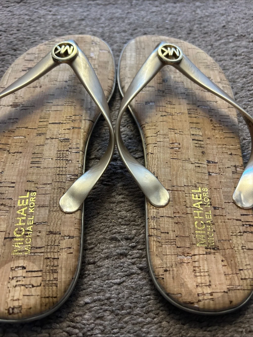 Michael Kors Metallic Gold Thong Sandals with Cork-Print Footbed
